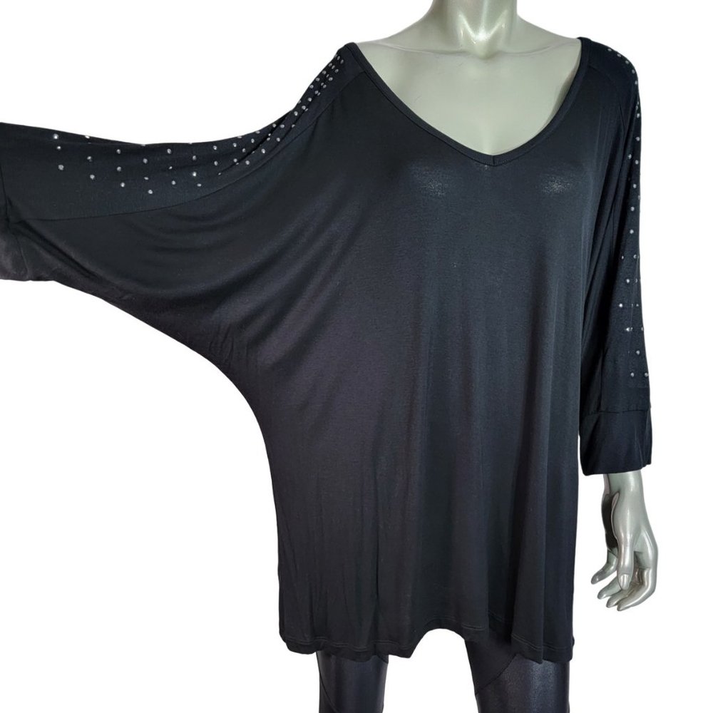 Apt 9 Top Plus Size 1X Dolman Sleeve Rhinestones Stretch V-Neck 3/4 Sleeve Black